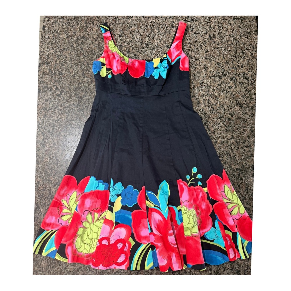 Nine West Women Black Floral Fit and Flare Sleeveless Pleated Dress Size 4
